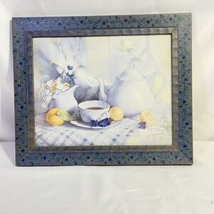 Vintage Framed‎ Blue Tea Set Painting W/ Painted Floral Accent Cottagecore